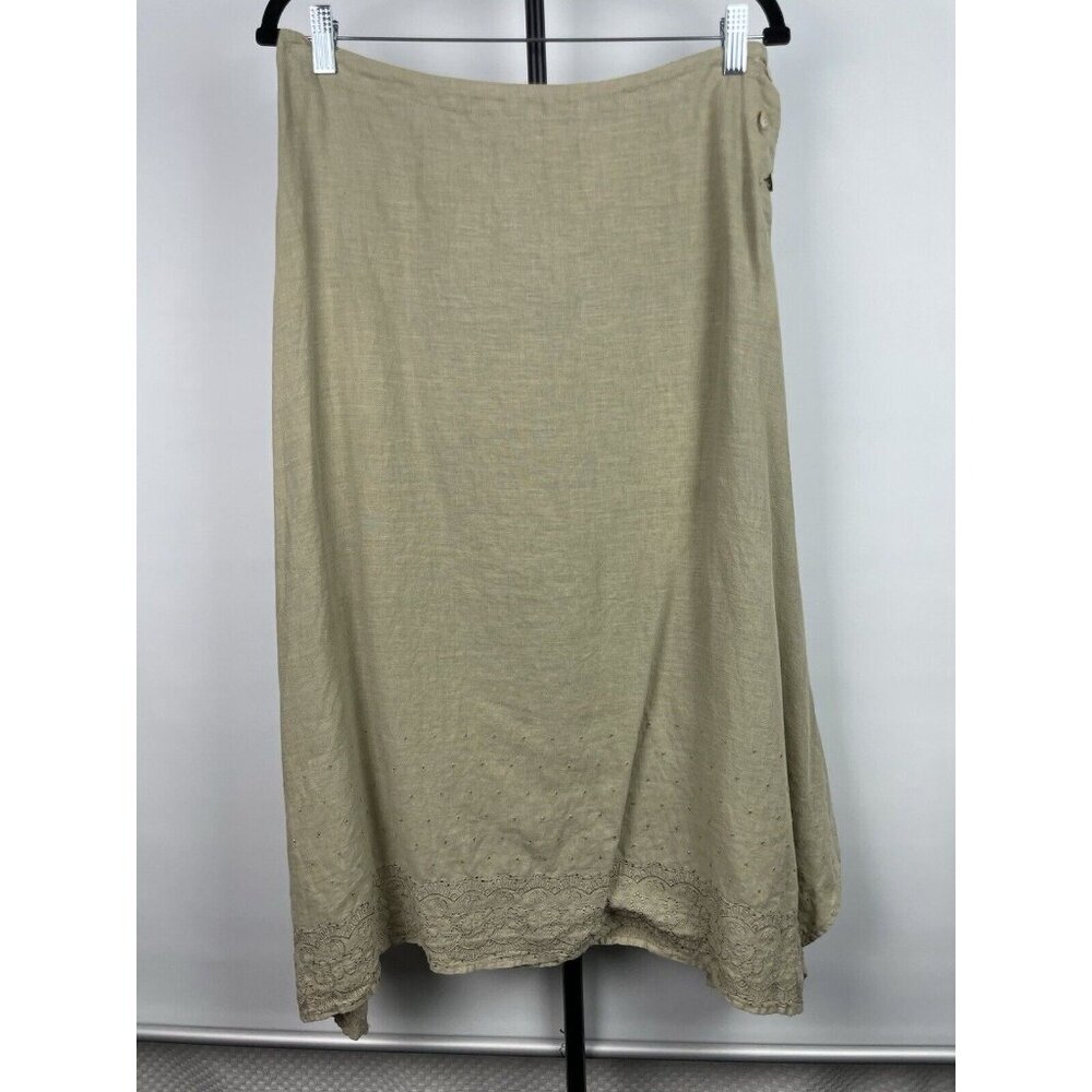 Lisa‎ Z Tan 100% Linen Embroidered Handkerchief Hem Midi Lagenlook Skirt Size S